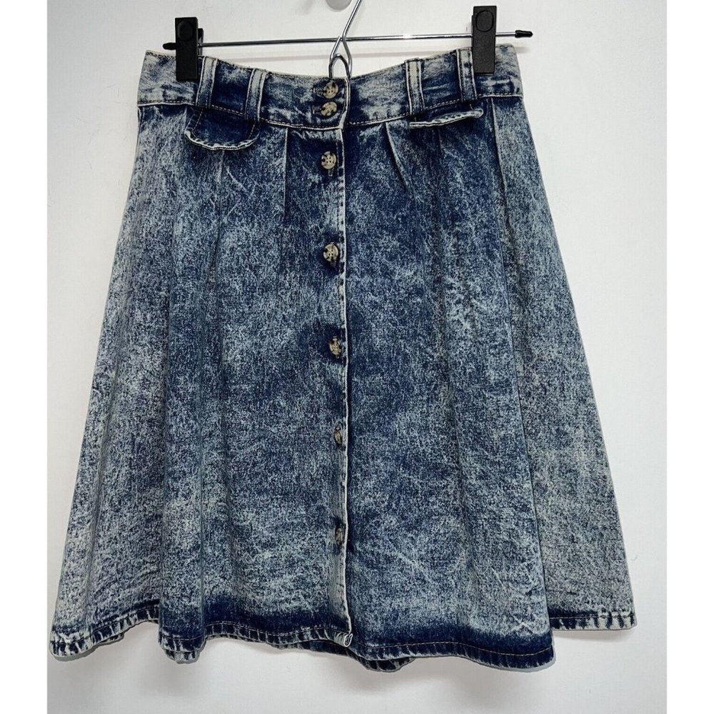 Vintage 90s Stuffed Shirt Acid Washed Denim Blue Jean Skirt Size 5 6 Button Up